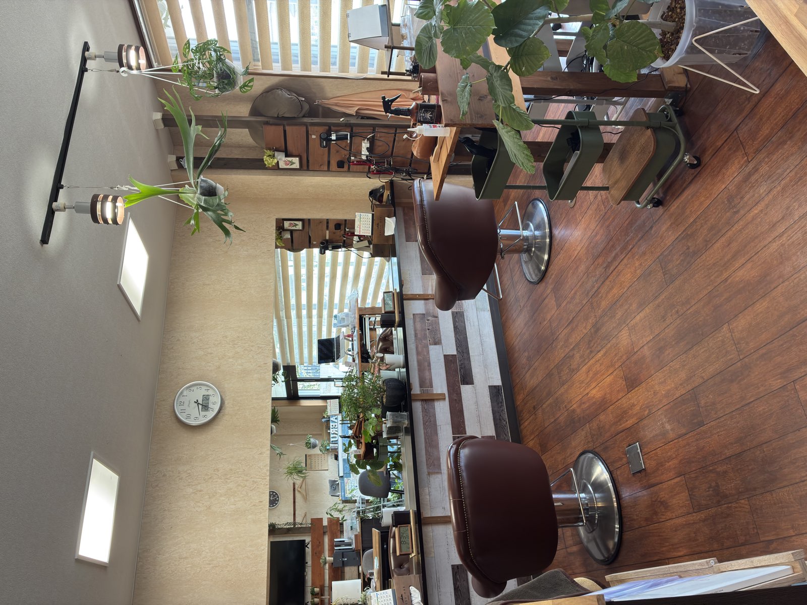 木とグリーンに囲まれたAERU hair privateの店内